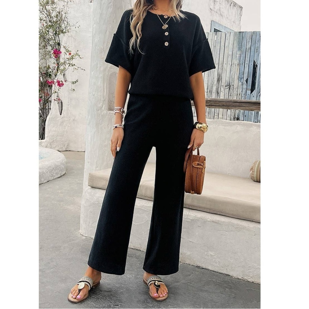 Black Knit Button Two Piece Casual Pants and Top Set